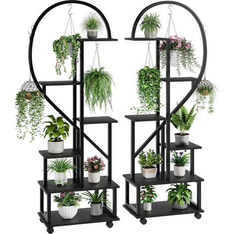 Lot de 2 Supports pour Plantes Interieur Demi Coeur 6 Niveaux 172 cm Etagere Porte Pots de Fleurs sur Roulettes Bois et Metal,Noir