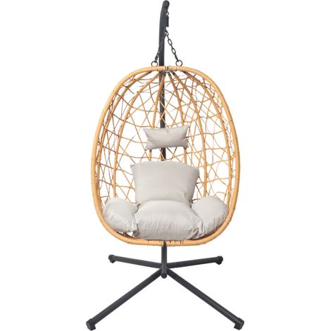 Concept-Usine – Fauteuil suspendu effet rotin – Résine tressée – Coussin moelleux – Support acier – Dimensions 95x95x198 cm – Poids max 130 kg