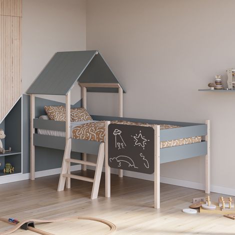 Lit cabane avec ardoise 90x190 cm en pin vert grisé et naturel