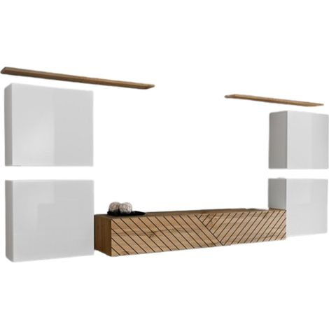 Conjunto de muebles de diseño para sala SWITCH IV. Color blanco y roble. Acabados en roble fresado y blanco brillante.