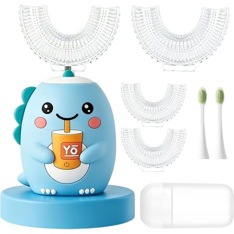Brosse à dents électrique pour enfants, brosse à dents électrique 360° en forme de U pour garçons et filles, avec 6 têtes de brosse, brosse à dents dinosaure, étanche IPX7, 3 modes, 2 à 14 ans (1/5)