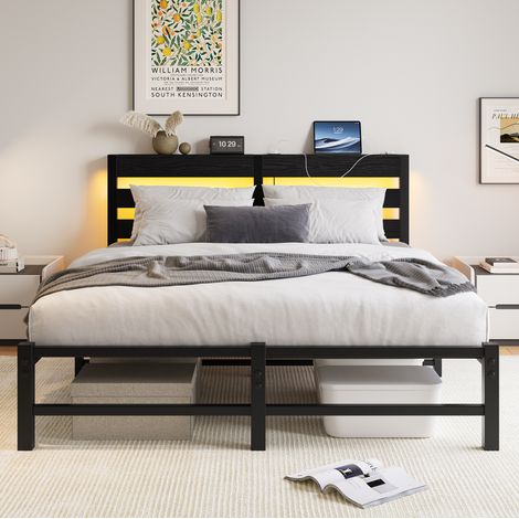 Cama con estructura metálica 140x200 cm, con 2 puertos USB, luces LED RGB, almacenaje, metal y madera negra (1/5)