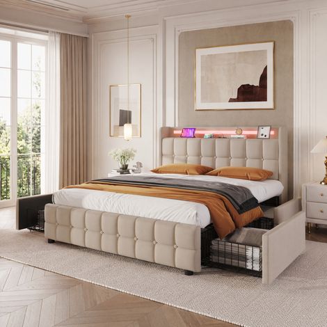 Lit 180x200 cm avec sommier LED et USB, Lit double capitonné avec 4 tiroirs de rangement, Cadre de lit adutle, Lin, Beige (1/5)