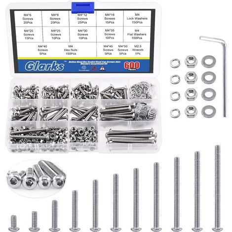 Lot de 601 Vis Semi-Rondes M4 en Acier Inoxydable 304, à Six Pans Creux, Écrous, Rondelles - Kit d'Assortiment Avec Clé Hexagonale pour Machines, Meubles, Réparation Automobile (1/5)