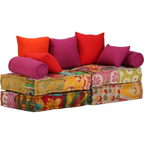Cojines de suelo pufs sillón modular de tela de 2 plazas en tela Patchwork DEC021229
