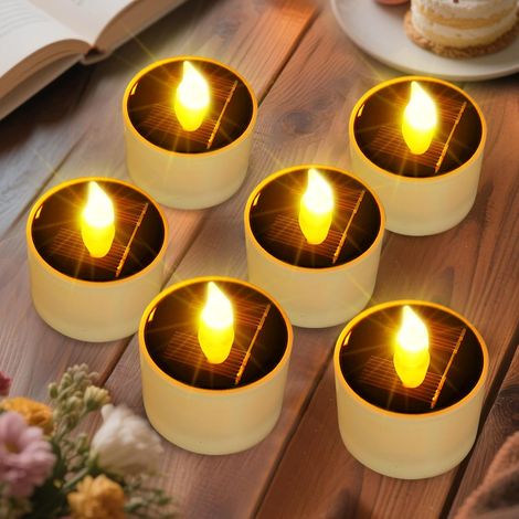 Lot de 6 bougies chauffe-plat solaires sans flamme, rechargeables, étanches, LED vacillantes, décoratives d'extérieur, lumière jaune chaude (1/5)