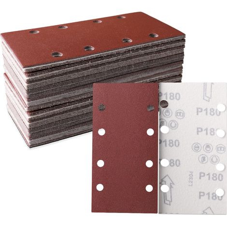 Abrasifs Papier de Verre 93 x 185mm pour Pièces de Rechange Ponceuse Orbitale, Grain 180, 8 Trous pour Ponceuse Rectangulaire Papier de Verre Bois Papier Abrasif - 30 Pièces (1/5)