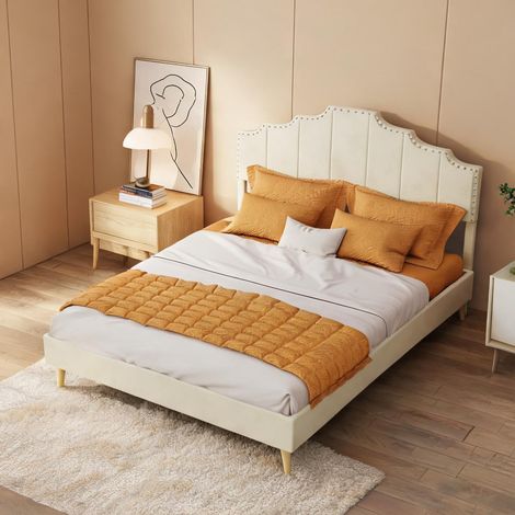 Tête de lit beige en tissu métal 200 x 140 x 133 cm (1/5)