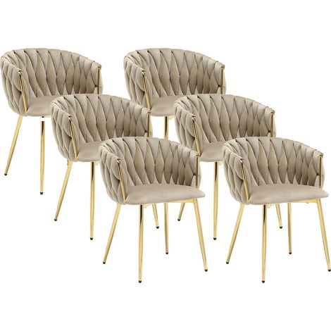 Vente-Unique – Lot de 6 chaises en velours beige avec accoudoirs – Structure en métal doré – Hauteur d'assise 48.5 cm – Pour intérieur (1/4)