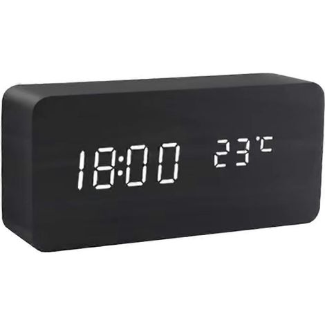 Schwarze digitale Holzuhr mit LED-Anzeige und Temperaturanzeige (1/5)