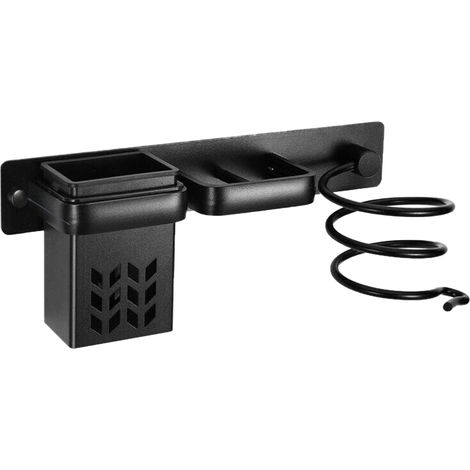 Support Sèche-Cheveux - Aluminium - Mural - 3-en-1 Avec Plateau Rangement et Crochet Câble - Pour Salle De Bain Chambre Hôtel - Noir (1/5)