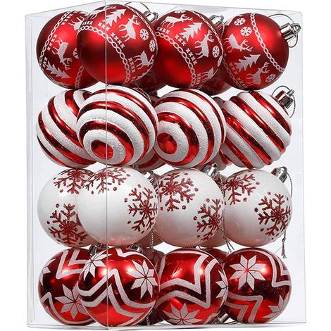 24 boules de Noël rouges et blanches, incassables, avec cordelette de suspension, idéales pour décorer le sapin de Noël.