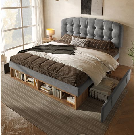 Bett 90x200 cm modern gepolstert in Grau, Samt mit verstellbarem Kopfteil, Lattenrost, Schubladen und Stauraum