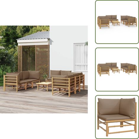 The Living Store Set Salotto da Giardino 9pz con Cuscini Tortora Bambù - Divano da giardino