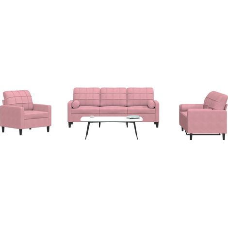3-tlg. Sofagarnitur mit Kissen und Nackenrollen Rosa Samt (1/5)