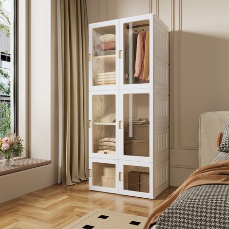 Faltbarer Kleiderschrank 170x69x50 cm ohne Montage – modulares Schranksystem mit transparenten Türen und Kleiderstange – 590 L Stauraum, platzsparend – Weiß