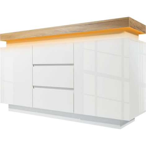 Bahut haut brillant blanc avec LED, 2 portes et 3 tiroirs, 140 x 39 x 81 cm, MODENUIT (1/5)