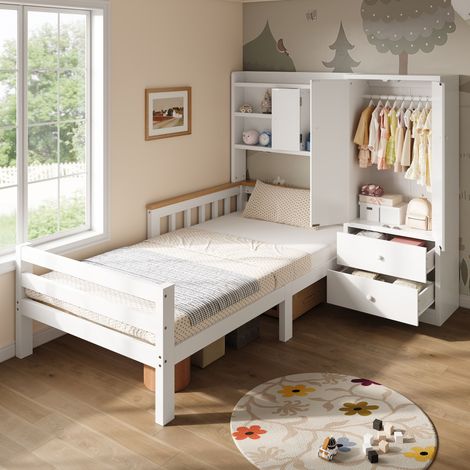Lit enfant avec armoire intégrée, lit simple 90 x 200 cm avec rangements, tiroirs et étagères ouvertes, lit multifonctionnel gain de place pour chambre d'enfant, blanc (1/5)