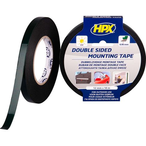 Ruban adhésif double face HPX 12 mm x 10 m pour montage, noir haute résistance. (1/2)