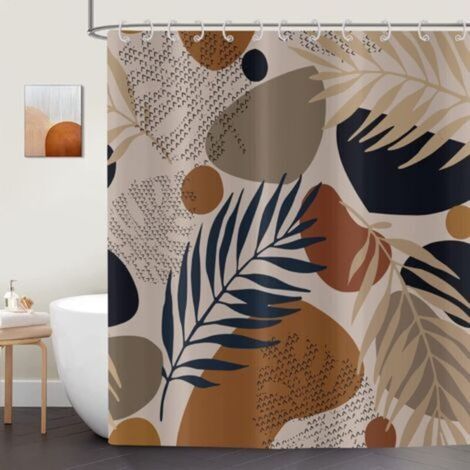 Bohemian Shower Curtain Leaves 180x200 cm, Boho Abstract Art Brown Palm Leaves Washable Bathtub Shower Curtain Waterproof Fabric Bathroom Shower Curtains with 12 Hooks (1/5)
