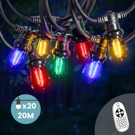 Guirlande Guinguette 20M 20 Bulbes Filament Rouge Bleu Jaune Vert avec Variateur de Luminosité et Télécommande - Guirlande Lumineuse Ampoule E27 à Intensité Variable (1/5)