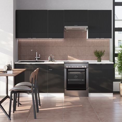 Mueble de cocina Fame-Line, Negro a rayas/blanco, 240 cm sin encimera, Vicco