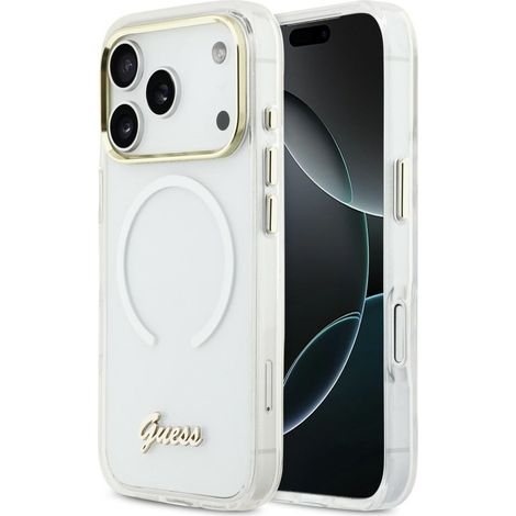 Funda metálica MagSafe Guess IML Gradient Script para iPhone 17 Pro blanca (1/5)