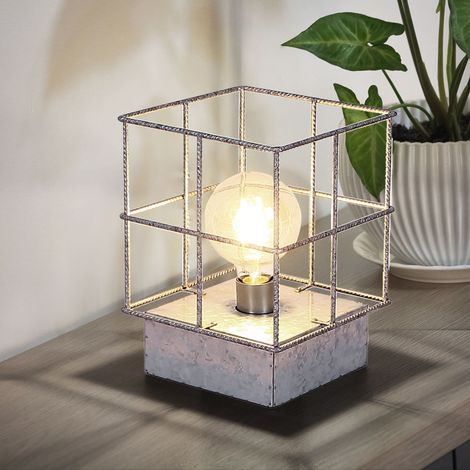 Tischlampe Tischleuchte Beistellleuchte Nachtischlampe Schlafzimmerleuchte, Industriell Metall Gitterschirm zinkfarben, E27 Fassung, LxBxH 20x20x26,5cm