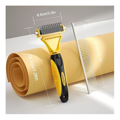 Brosse Chien, Brosse pour Chats, Peigne anti Poils Animaux, Râteau de Toilettage - Enlever des Poils Morts et Nœuds, Déméloir pour les poils longs/courts - Jaune (1/3)