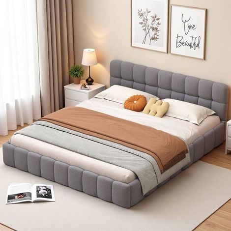 Cama doble 140x190 - Lino natural - Cabecera acolchada - Madera maciza - Gris elegante