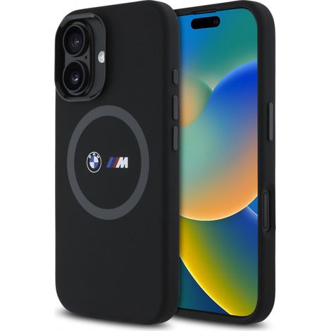 Coque rigide BMW BMHMP16S23SROK pour iPhone 16 6,1" noire/noire, en silicone avec anneau imprimé et compatible MagSafe.
