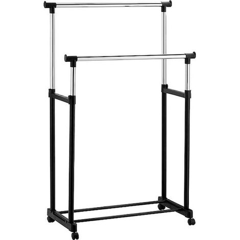 Porte-manteau double, hauteur réglable, 4 roulettes, étagère à chaussures inférieure (1/5)
