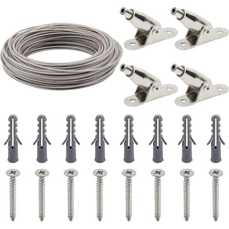 Câble Inox 2mm x 10m Revêtement PVC Fil de Suspension en Acier Inoxydable avec 4 Cables Métalliques à Code Fixe et Vis