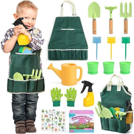 Kids Gardening Tools Set, Garden Tool Kit with Shovel, Apron with Pockets, Garden Tote Bag, Watering Can, DIY Stickers, Gift for Boys Girls (1/5)