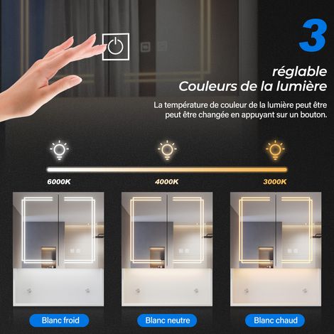 SIRHONA Armoire murale de salle de bain avec prise rasoir 3 modes d'éclairage 600x750mm Armoire de salle de bain design à rangement ouvert — vue 4