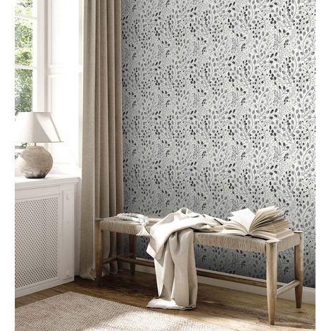 Papier peint floral sur fond crème Tapisserie à fleurs grises et noires Papier peint style cottage campagne idéal pour chambre (1/4)