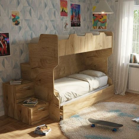 Letto a castello salvaspazio con scala a cassettoni e camminatoio - Quercia