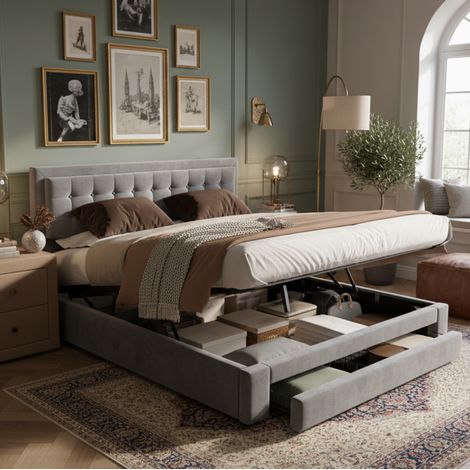 Letto matrimoniale imbottito 180x200 cm in velluto con contenitore e cassetti grigio OKWISH (1/5)