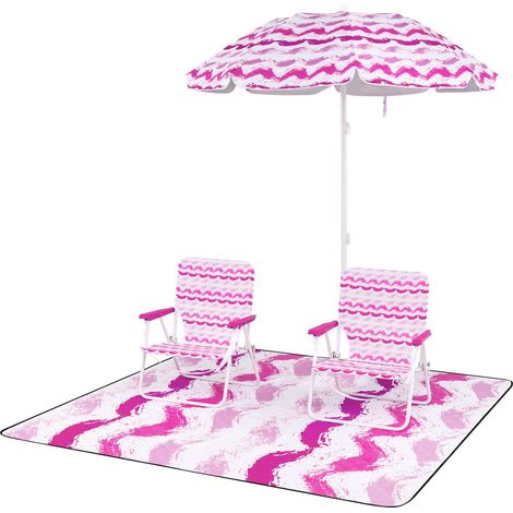 COSTWAY Set da Spiaggia di 4 Pezzi con Ombrellone, 2 Sedie Pieghevoli, Coperta da Picnic, Parasole Portatile per Esterni con Meccanismo di Inclinazione, Portabicchieri, Braccioli (Rosa) (1/5)