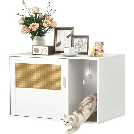 Maison de toilette chat meuble litière pour chat tapis griffoir porte avec poignées style bohème 80 x 50 x 50 cm blanc (1/5)