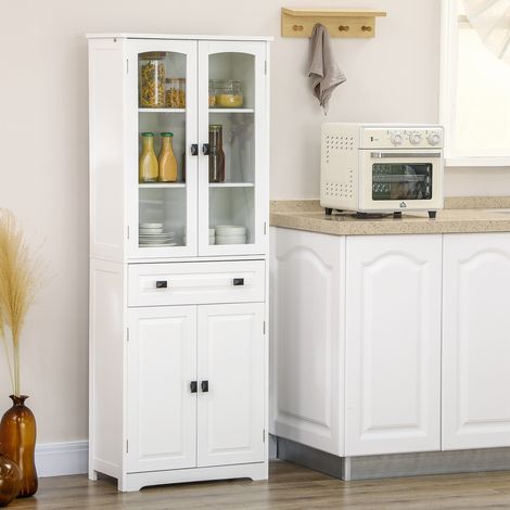 Mobile da cucina con 2 ante in vetro, 2 ripiani regolabili e cassetto per soggiorno/sala da pranzo, 60x30x160 cm, bianco.