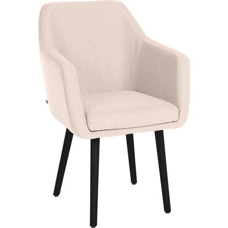 Sedia visitatore in tessuto beige con schienale avvolgente e braccioli – Base in legno scuro con 4 gambe 100008512