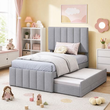 Cama nido tapizada 90x200 cm gris en lino y algodón con cama extraíble y 3 cajones (1/5)
