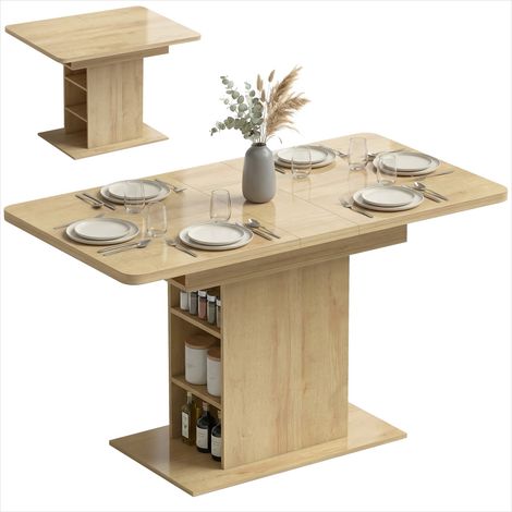 Table extensible rectangulaire en MDF bois naturel, piétement central avec 6 étagères ouvertes, 110-130 cm (1/5)