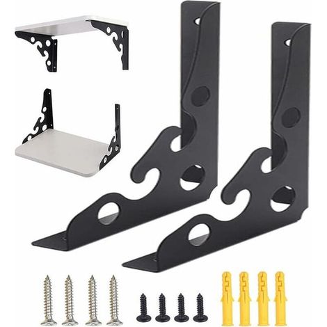 Équerre Murale Noire 2 Pièces Support d'Étagère Triangulaire Robustesse en Acier avec Fixations, Idéale pour Salle de Bain et Salon, Capacité 75 kg (1/4)