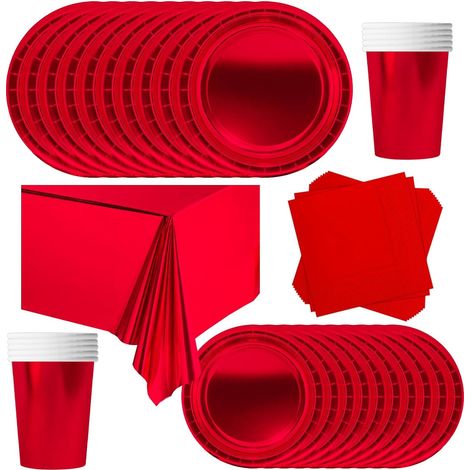 Vaisselle pour fête d'anniversaire enfant Rouge, ensemble de 69 pièces de vaisselle en carton pour anniversaire, nappe en papier, tasses, assiettes, serviettes pour Noël, anniversaire, mariages (1/5)