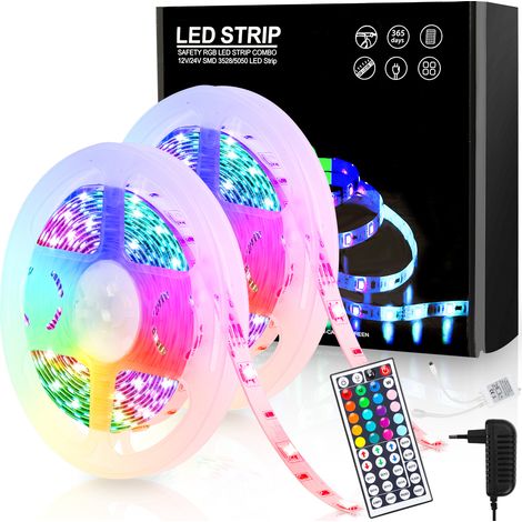 TolleTour 10m ruban LED interieur, guirlande lumineuse auto-adhésive, dimmable, 300 LEDs(2x5m), changements de couleurs, livré avec télécommande à 44 touches