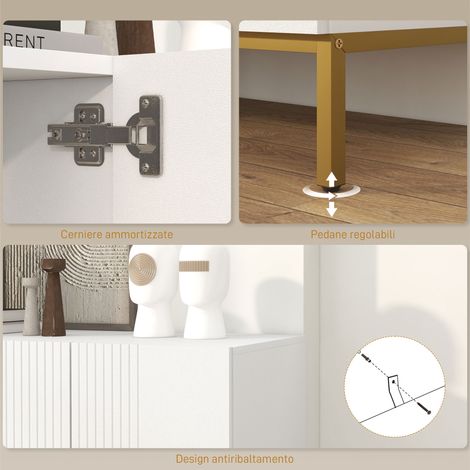 Crédence design 4 portes avec fermeture amortie, tablettes ajustables, 140x40x75cm, blanc et or. (1/5)