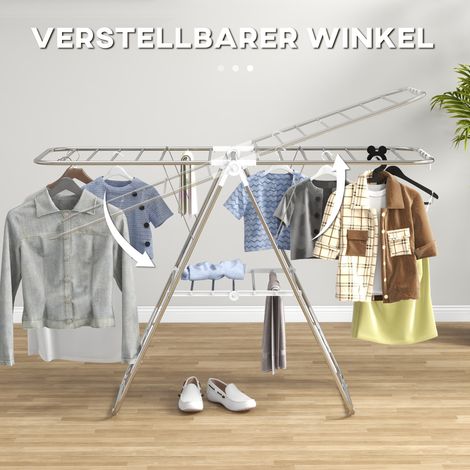 Sèche-linge pliant 1,48 m de long, séchoir à linge portable avec tiges télescopiques, support à linge à ailes pour intérieur et extérieur, argent + blanc (1/5)