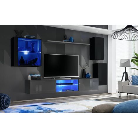 Ensemble meuble TV mural Switch XXIII - L 250 x P 40 x H 140 cm - Gris et noir - Livraison gratuite